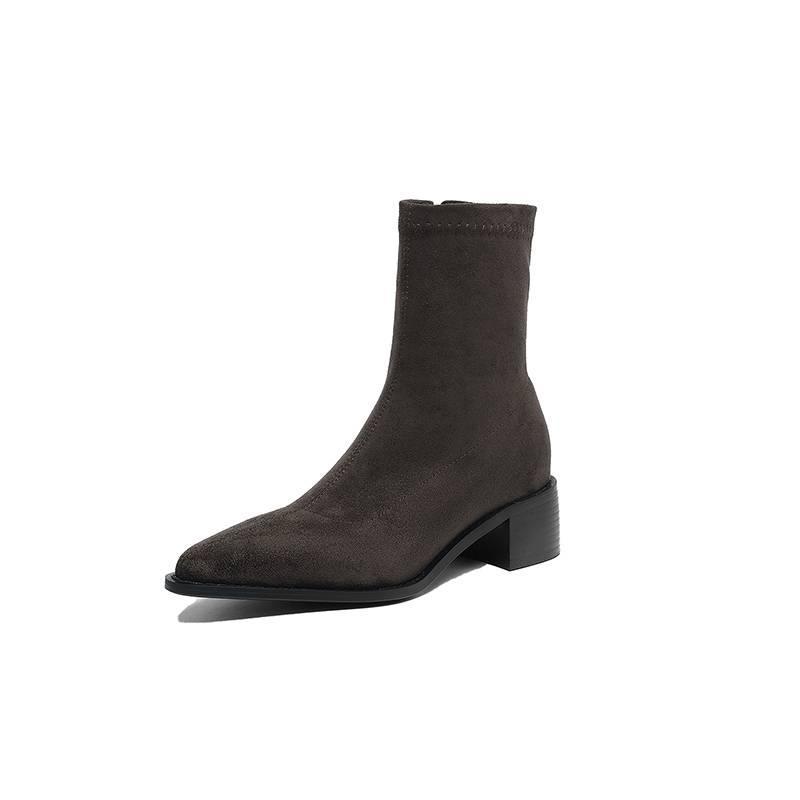 New Comfortable Rubber Sole Pointed Large Size Women's Boots Solid Color Elastic Suede Square Heel Medium Tube Boots Autumn and Winter Martin Boots Wo