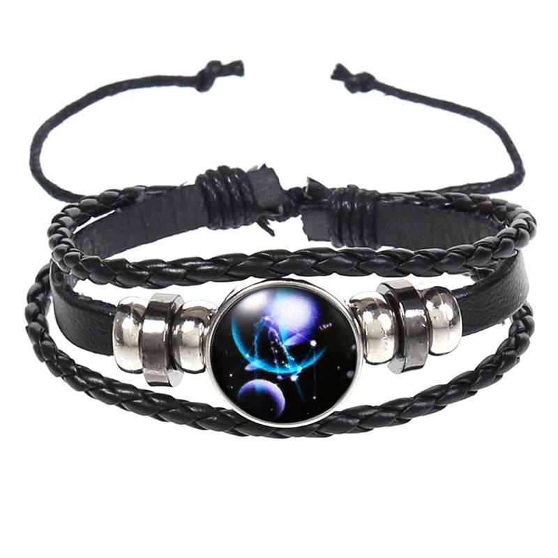 12 Constellations Multi-layer Woven Luminous Punk Cowhide Starry Sky Bracelet Jewelry, Unisex, Popular Couple Hand Rope