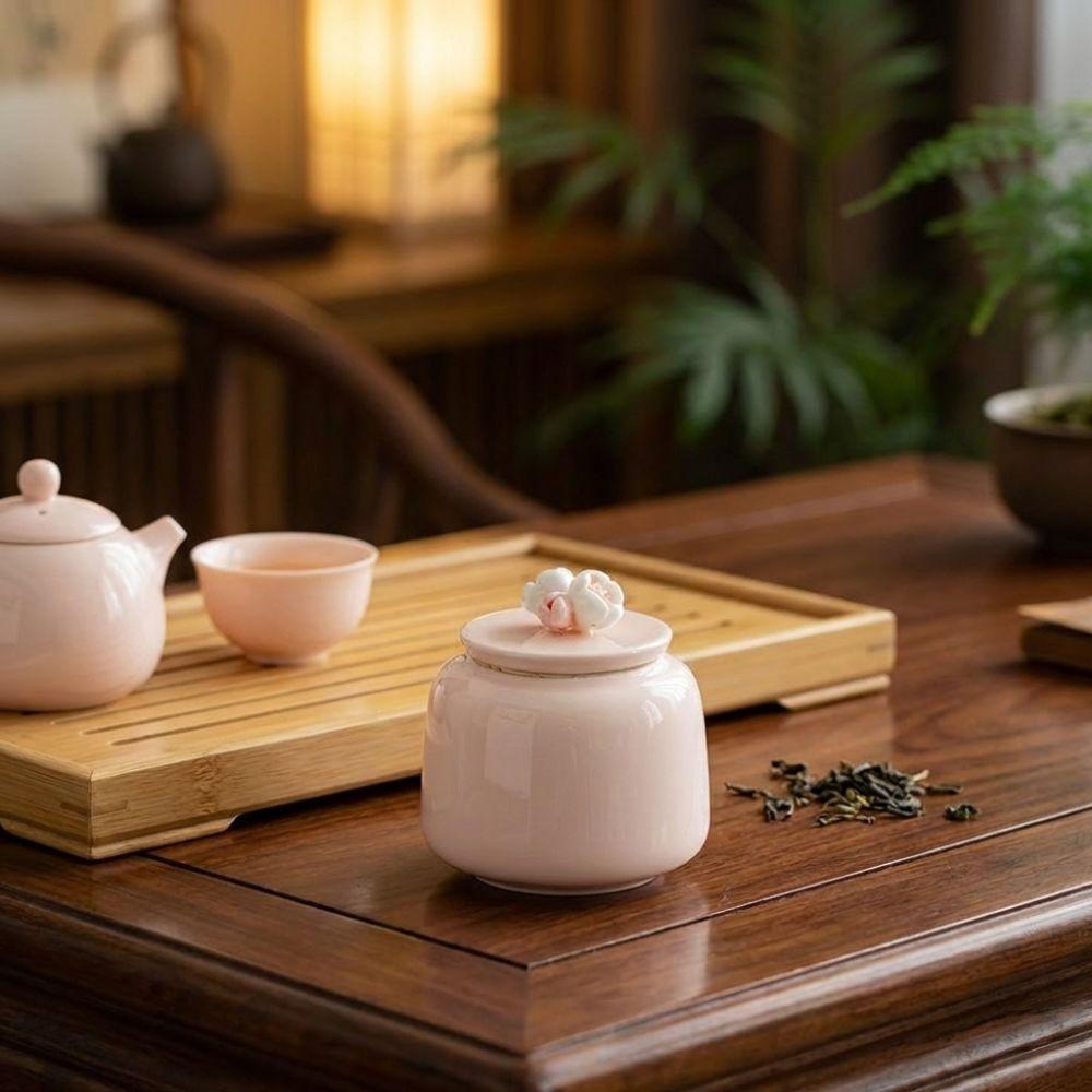 Pink Ceramic Tea Jar Flower-Patterned Tea Packaging Box Tea Container Tea Tin Can  Tea Ceremony