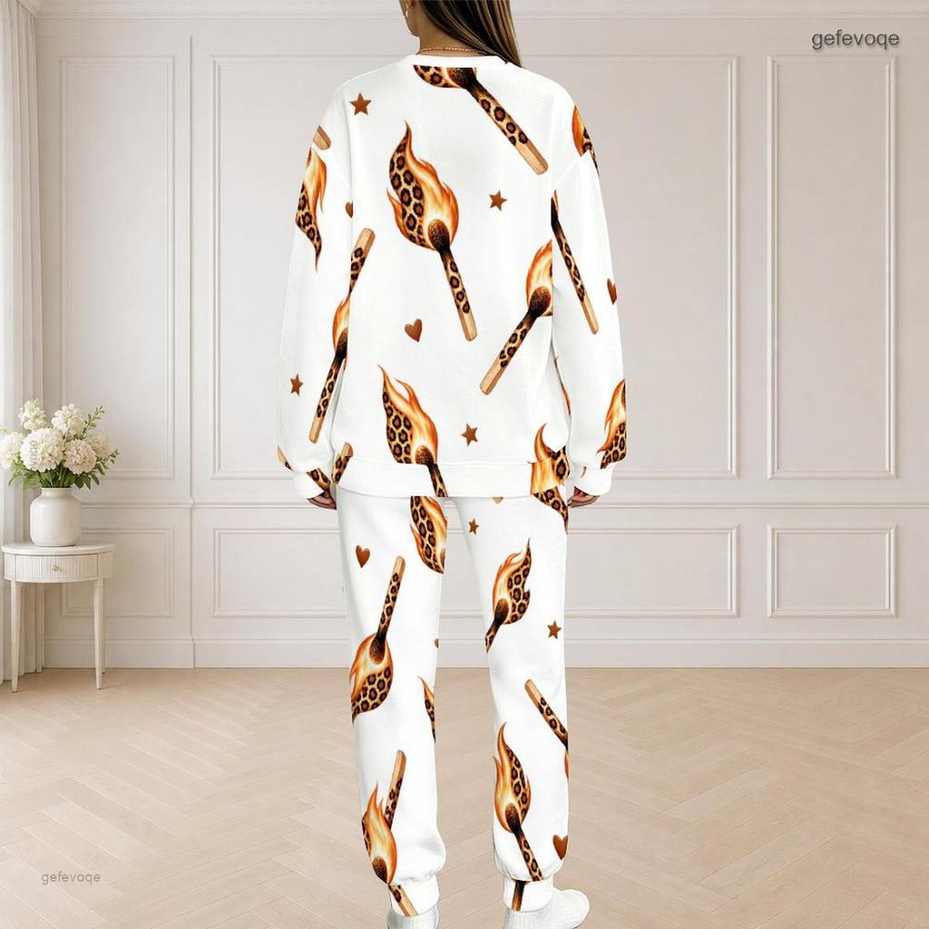 Women Plus Size White Halloween Printed Round Neck Long Sleeve Two Piece Set With Side Pockets