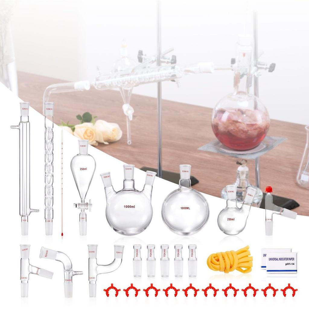 Lab Distillation Kit, 3.3 Boro Lab Glassware Distillation Kit with 24, 40 Joint, 1000ml Essential Oil Distillation Apparatus Kit, 29 Pcs Set of