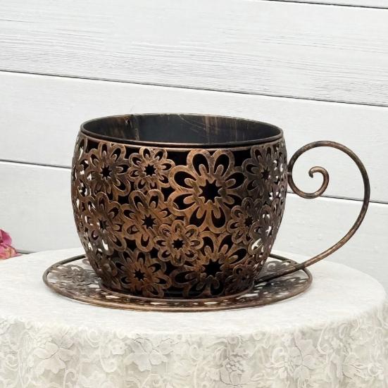 Vintage Teacup Planter Iron Floral Cutout Flowerpot Decorative Plant Pot for Succulents Herbs Flowers Indoor Outdoor Garden Decor