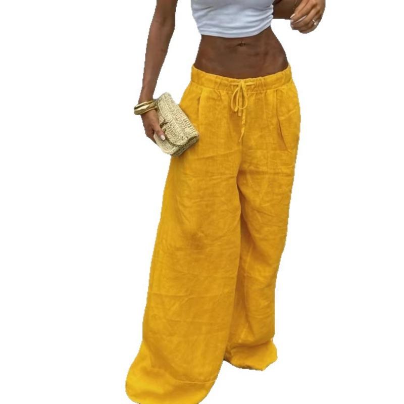 Pantaloni da Donna Bianchi Gamba Larga Coulisse Effetto Lino Vita Alta Vestibilità Larga