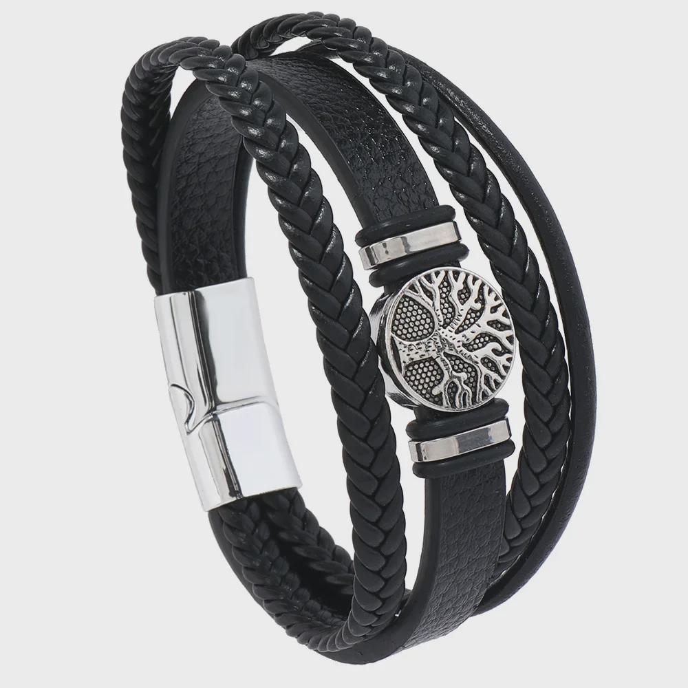 Men Punk Style Braided Leather Rope Bracelet Tree of Life Charm Punk Style Multi-layer Wristband Personalized Handmade