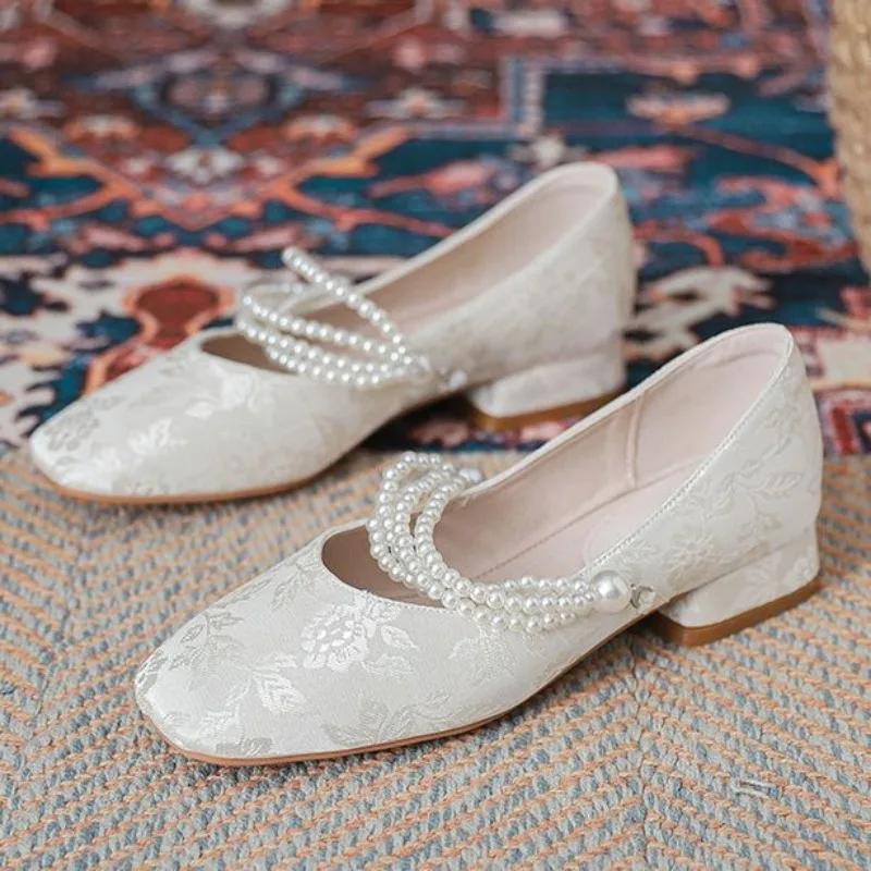 Fashion Low Heel Elegant Ladies Pumps Women's Shoes Square Toe Pearl Heels Mary Jane Gothic Japanese Style Lolita Quick Delivery Slip On