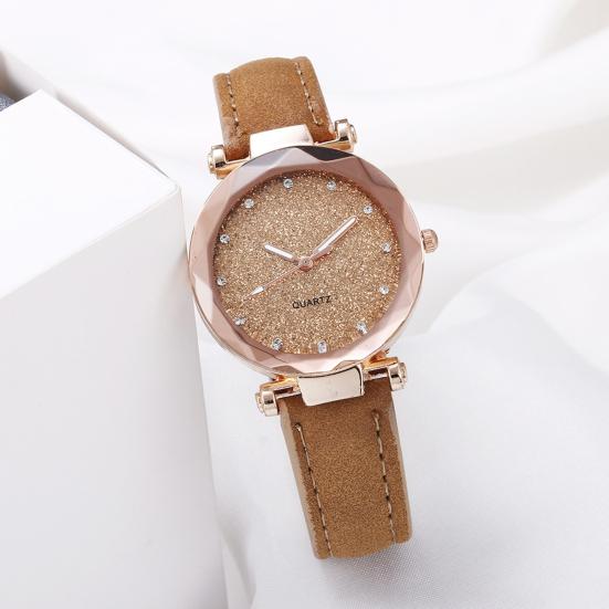 Women Casual Watch Rhinestone Round Dial Faux Leather Strap Ladies Business Formal Dress Quartz Wristwatch Fashion Jewelry Accessory Birthday Gift