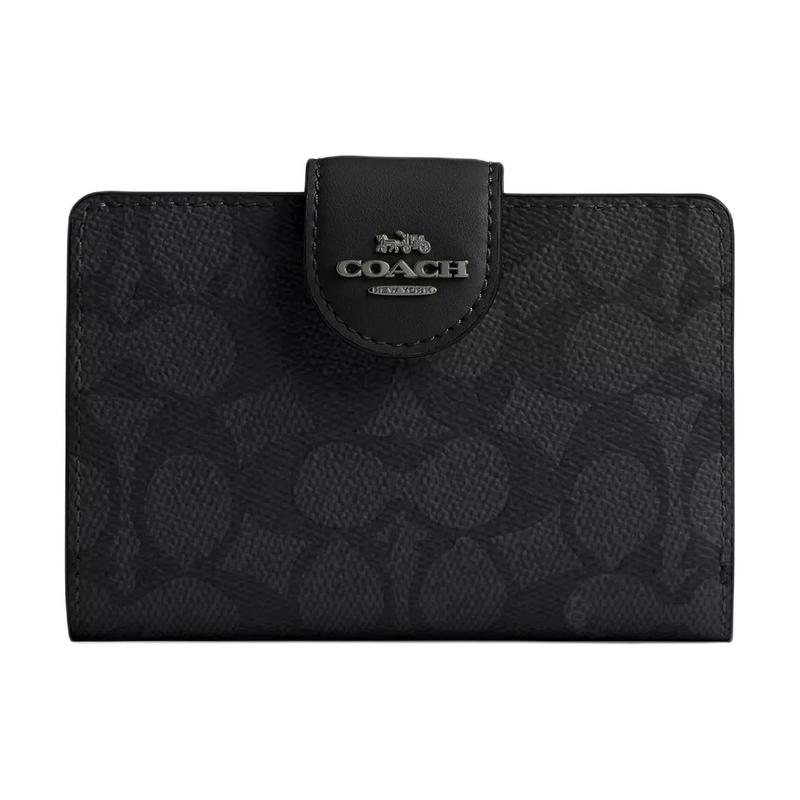 

COACH SignatureCanvas 13 Branded logo snap closure Premium leather Wallet Regular Women s Charcoal with black Charcoal and black чорний