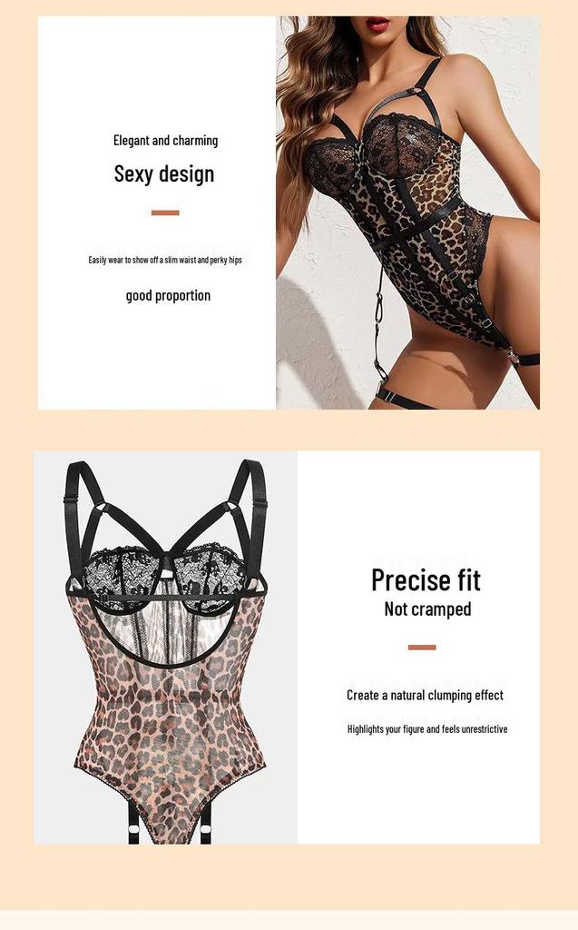 Leopard Print Lace Mesh Strappy Lingerie Bodysuit Set