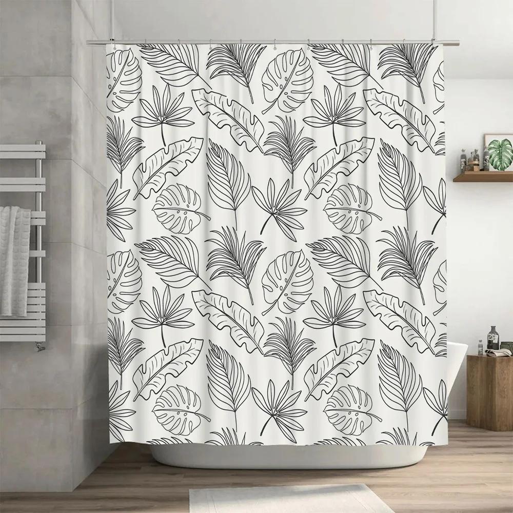 Modern Bath Shower Curtain Set featuring Black Line Monstera Leaves Perfect for Bathroom Decor