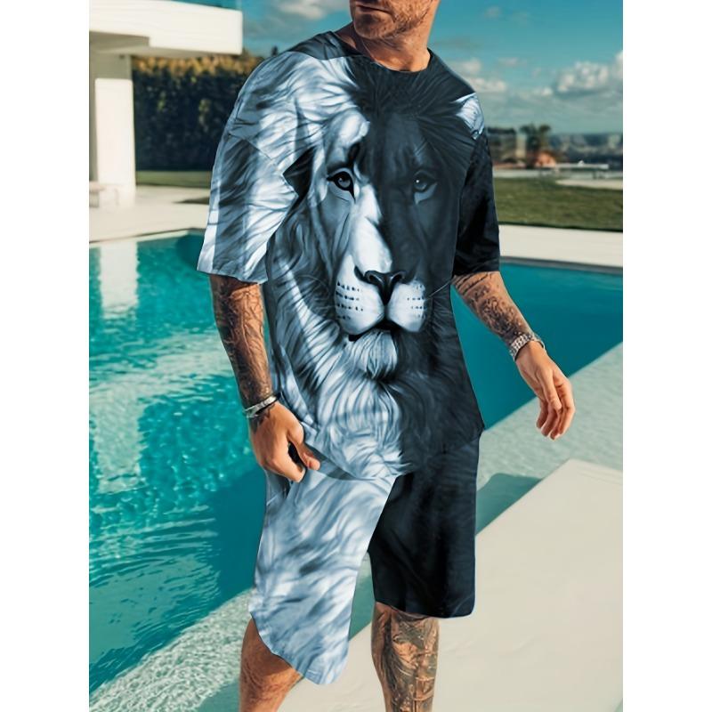 Men's Casual Bold Style Suit: O-Neck Top with Majestic Lion Design & Elastic Waist Shorts. Breathable Activewear for Gym & Lounge