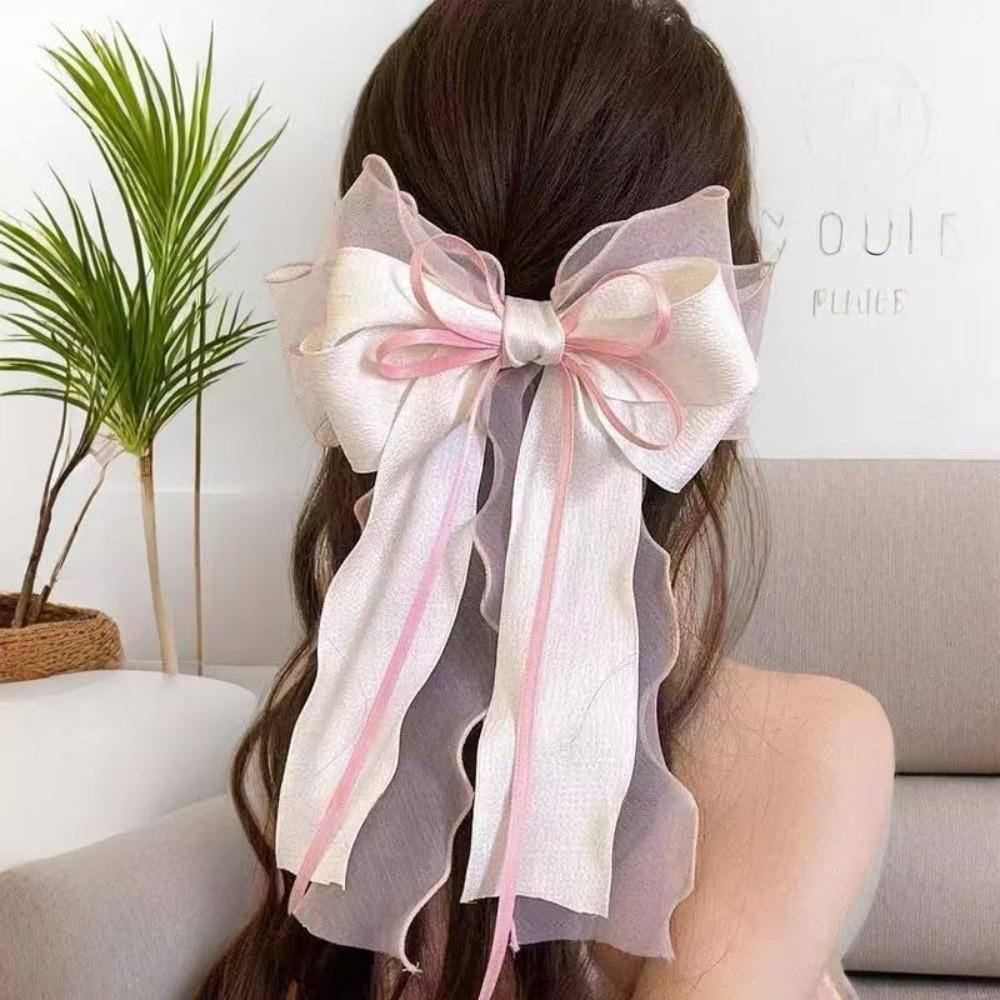 Lace Bow Ribbon Hair Clips Long Tails Ribbon Satin Hairpins Elegant Coquette Barrettes  Women Girls розовый