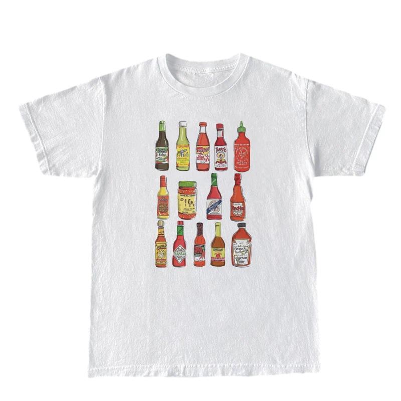 Women Vintage Hot Sauce TShirt Cute Funny Foodie T Shirt Short Sleeve Retro Graphic Tshirts Unisex Grunge Tops Humor Tees Gifts