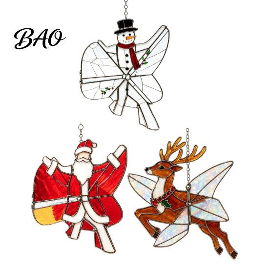 Holiday Garden Decor Christmas Snowman/Santa Claus/Deer Suncatcher, Stained Glass Style Pendant with Hanging Living Room Festive Chain, 2D Flat