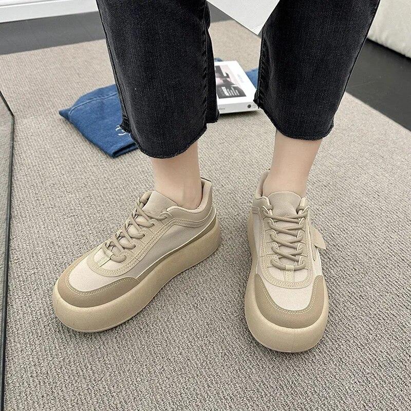 Leisure Chunky Sneakers Woman Winter PU Lace Up Mid Heels Round Toe Shoes for Women Platform Vulcanize Shoes Plus Size