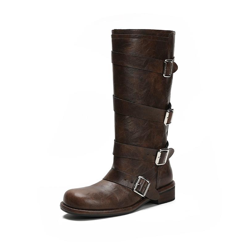 Sheepskin version~ stand tube catwalk belt buckle fashion boots autumn and winter new retro thick heel but knee high boots long boots
