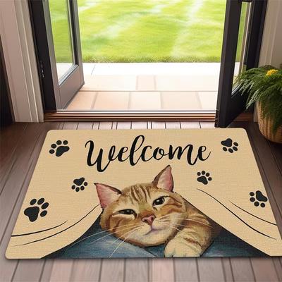 Tapis d'entrée Bienvenue Design Mignon Chat Orange Espionnant Tapis de Sol Antidérapant Tapis Chaleureux Ludique Décoration Intérieure pour Porte d'Entrée Salutation