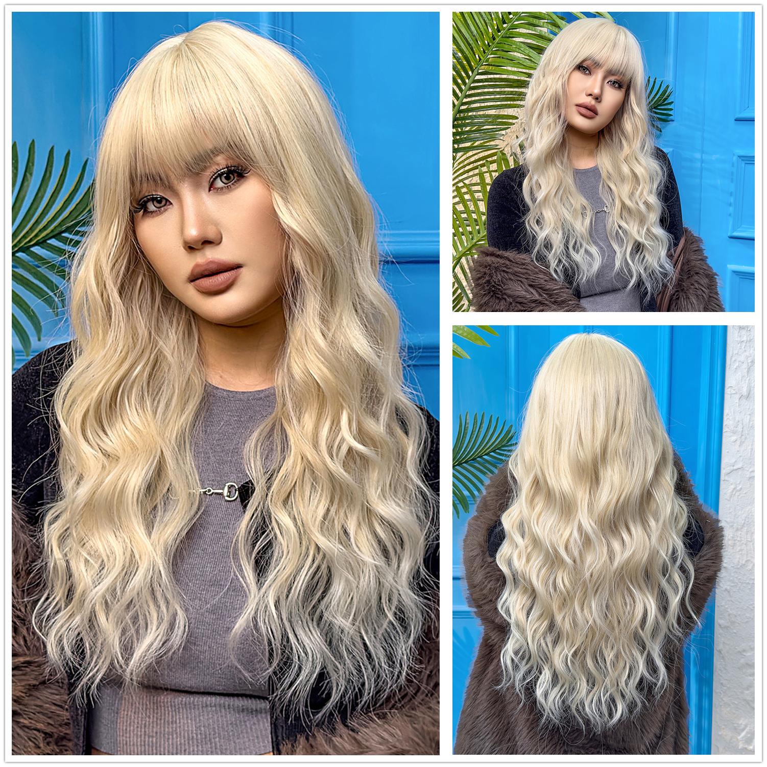 

Блондинка-единорог, длинный светлый синтетический парик, волнистые парики с челкой, повседневный косплей, вечерние, термостойкое волокно для женщин