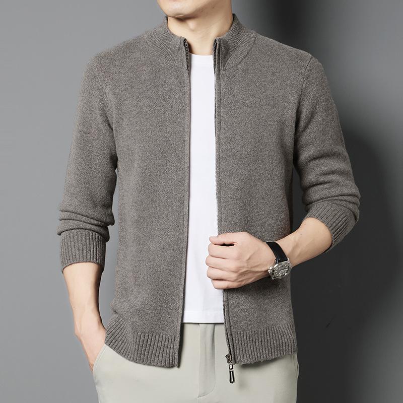 100% Wool Thickened Pure Wool 530G Men'S Middle-Aged And Young Leisure Business Long Zipper Cardigan