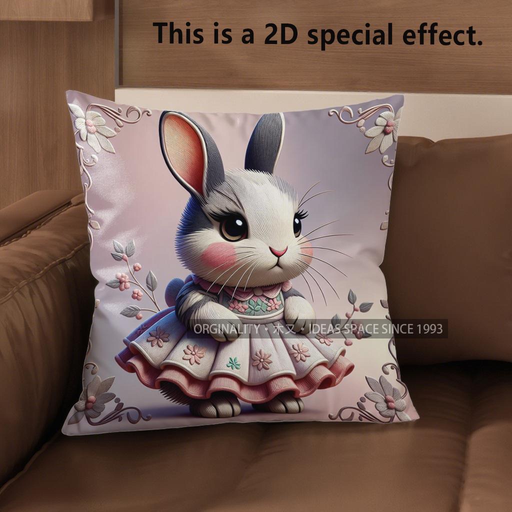 2D Cute Bunny-Patterned Decorative Pillow Covers Pattern Cushion Cover Suitable For Sofa Bedroom Car Pillow Cover