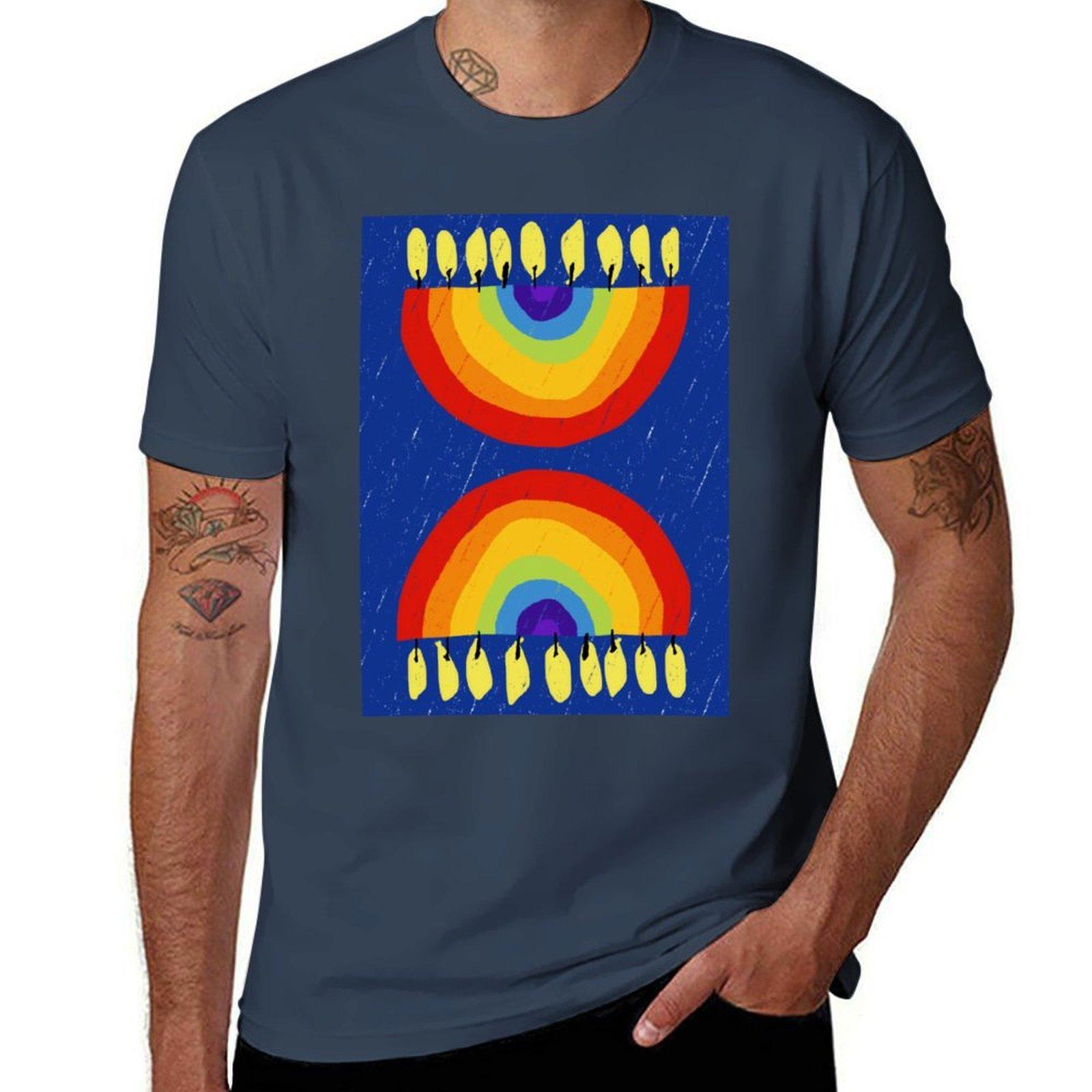Rainbow Chanukiah Dark Blue Print TShirt Halloween Casual TShirt S