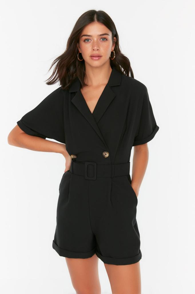 Women's Fashion New Jumpsuit Stone Belted Curvature Collar Mini Woven Jumpsuit