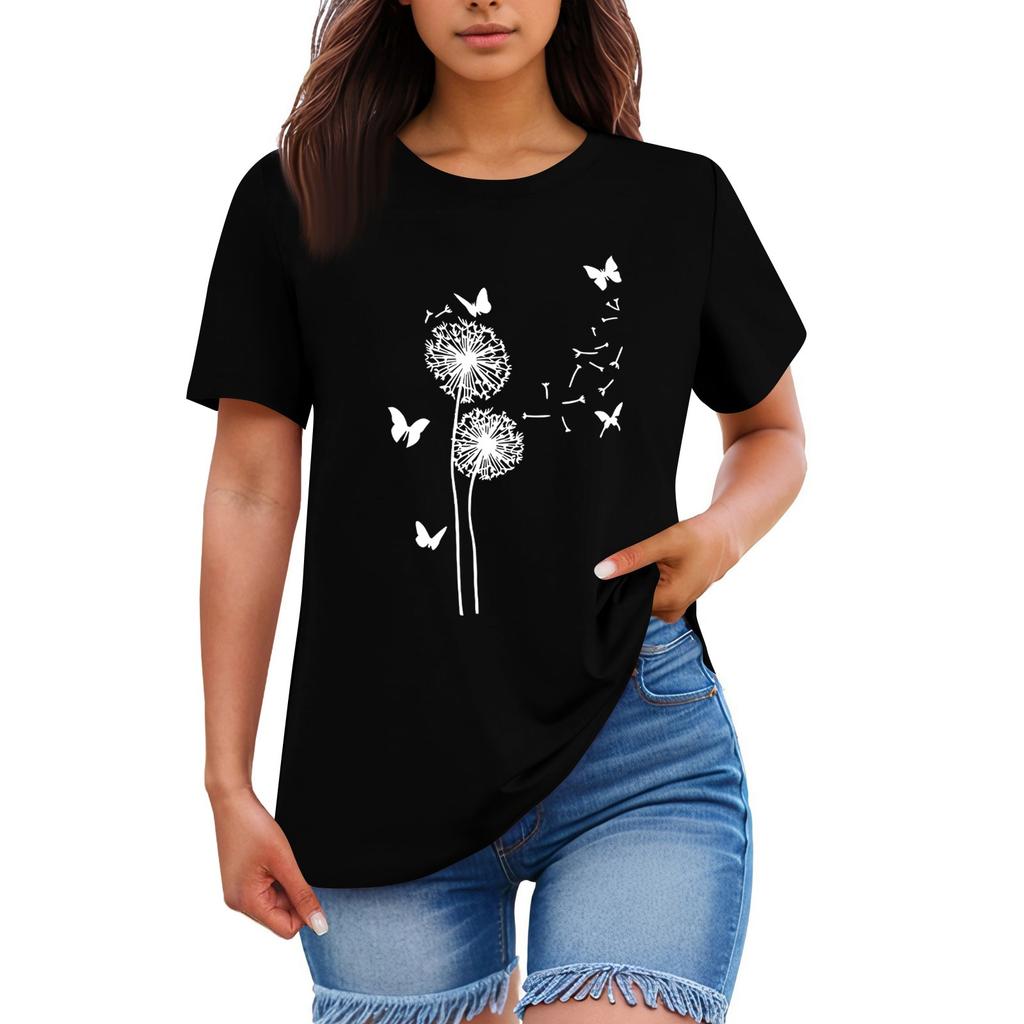 Ladies' Loose Comfortable Casual Fashionable Plant Flower Printed Round Neck Short Sleeved Shirt