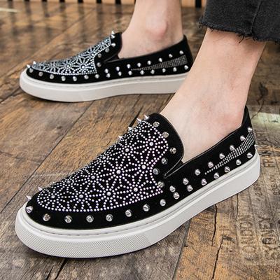 Trend Nowe Męskie Buty Casualowe Skórzane z Ćwiekami i Cyrkoniami Męskie Rockowe Diamentowe Gruba Podeszwa Wsuwane Loafersy Zapatos Hombre