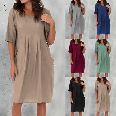 Women's Casual Loose O Neck Short Sleeve With Pockets Elegant Linen  Swing Dresses