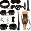 13-teiliges Unisex-Flirt-Zubehör-Set, Handschellen, Fußmanschetten, Kragen, Seil, Nippelklemme, Kopfbedeckung, Peitsche, Masturbationsspielzeug, sexy Accessoires für Erwachsene, Männer
