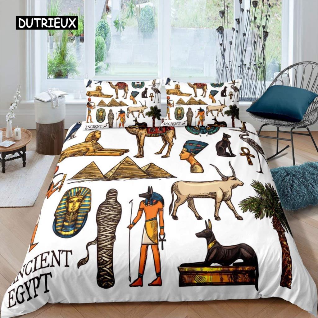 Ancient Egypt Duvet Cover Set Egyptian Symbol Bedding Set Vintage Pharaoh Pyramid Boho Tribal Polyester Quilt Cover 2/3pcs Queen