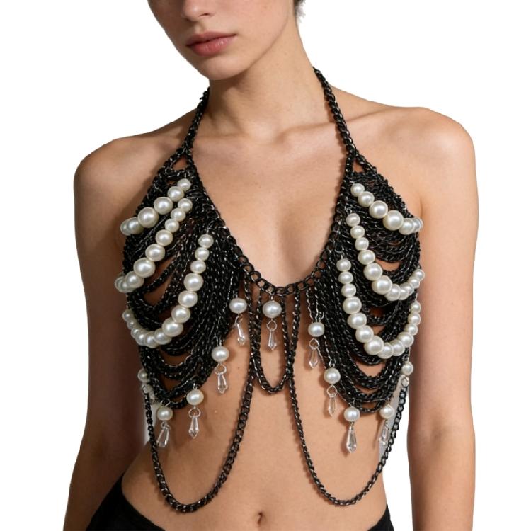 

European Styles Vest for Women Faux Pearls Acrylic Chain Detachable Straps Long Wear Fashion Lingerie Underwear OS чёрный