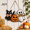 Halloween Party Supplies Wooden Door Sign, Pumpkin Ghost Boo Black Cat Welcome Funny Hanger Sign for Trick or Treat Indoor Outdoor Porch Wall Hanging