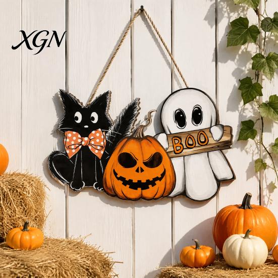 Halloween Party Supplies Wooden Door Sign, Pumpkin Ghost Boo Black Cat Welcome Funny Hanger Sign for Trick or Treat Indoor Outdoor Porch Wall Hanging