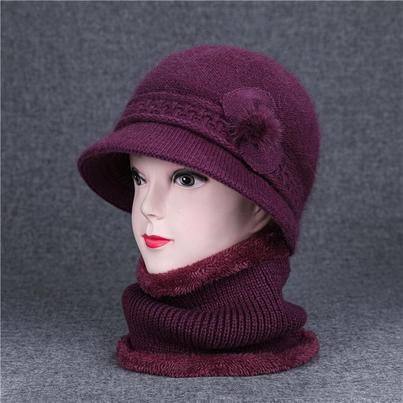 Ji Middle-Aged And Elderly Women'S Basin Hat Grandma Knitted Wool Hat Old Man Hat Rabbit Fur Flower Mother Hat Scarf
