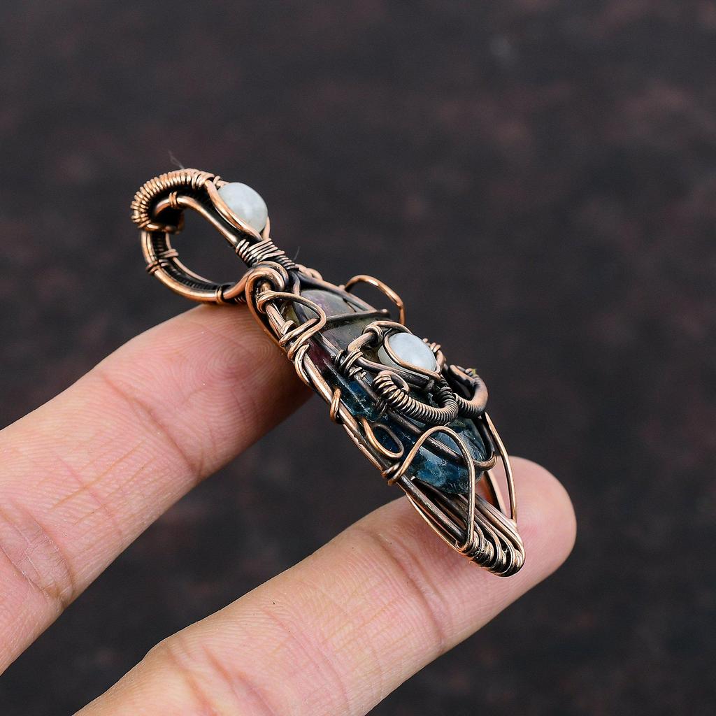 Evil Eye Watermelon Tourmaline Pendant Copper Wire Wrapped Gemstone Pendant Rainbow Moonstone Pendant Handmade Designer Jewelry Gift For Him