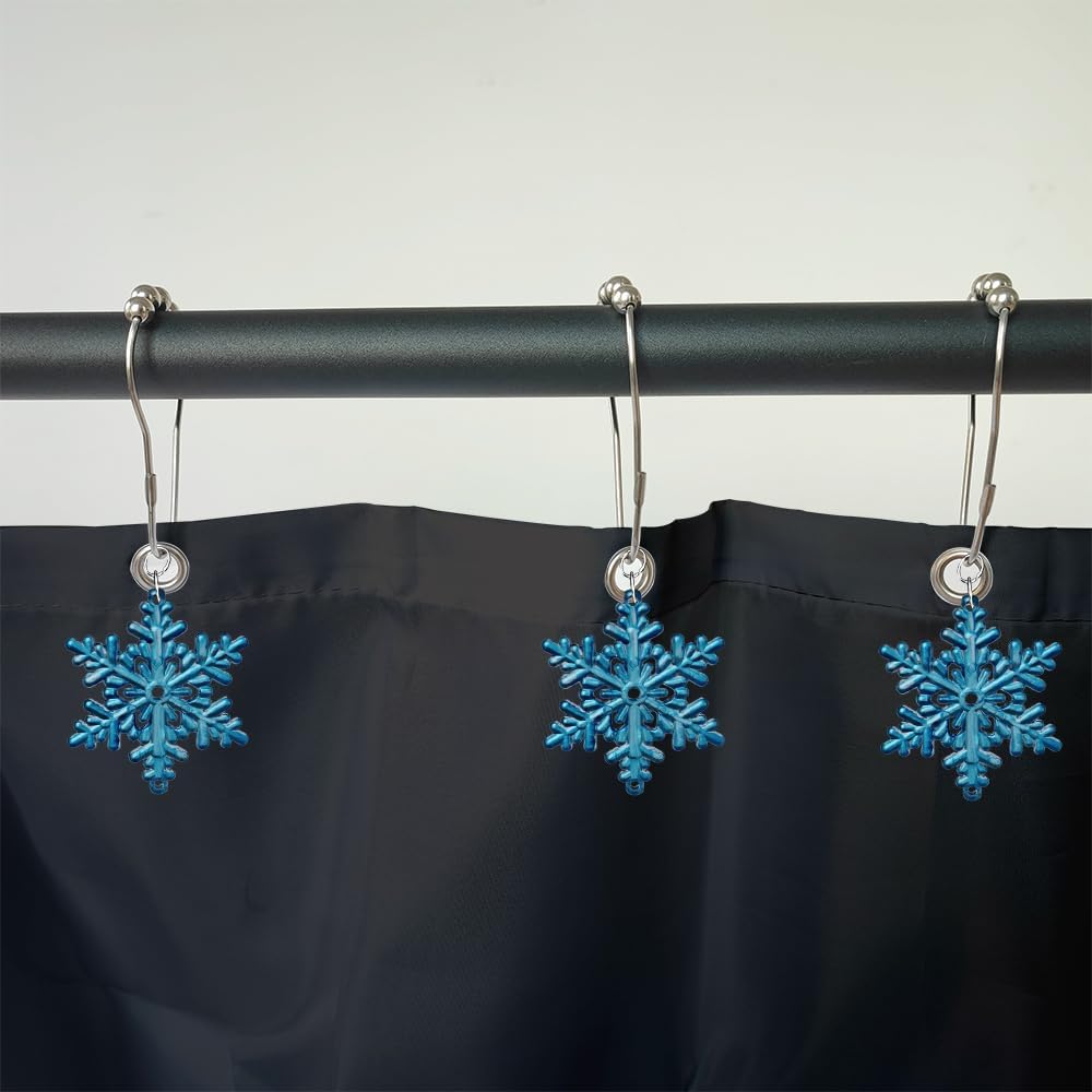 Decorative Snowflake Shower Curtain Rings with Rustproof Stainless Steel Hooks, Bling Cute Acrylic Pendant for Bathroom Decor, Pack of 12 (Snowflake) Blue Snowflake