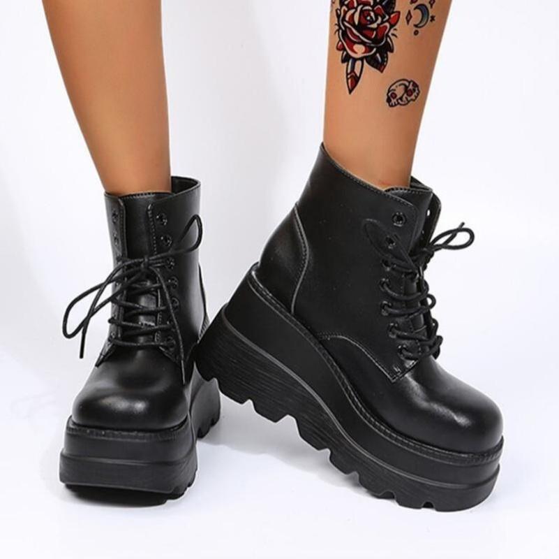 Women Boots High Topthick Sole Winter Slope Heel Lace Up Ankle Boots Women Shoes Bright Black Light Bling Black Chaussure Femme