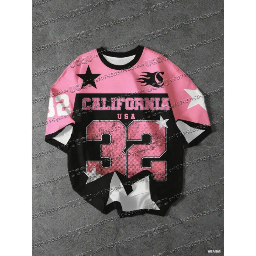 Printed short sleeved T-shirt, summer pattern T-shirt, baseball shirt, plus size women's sports T-shirt