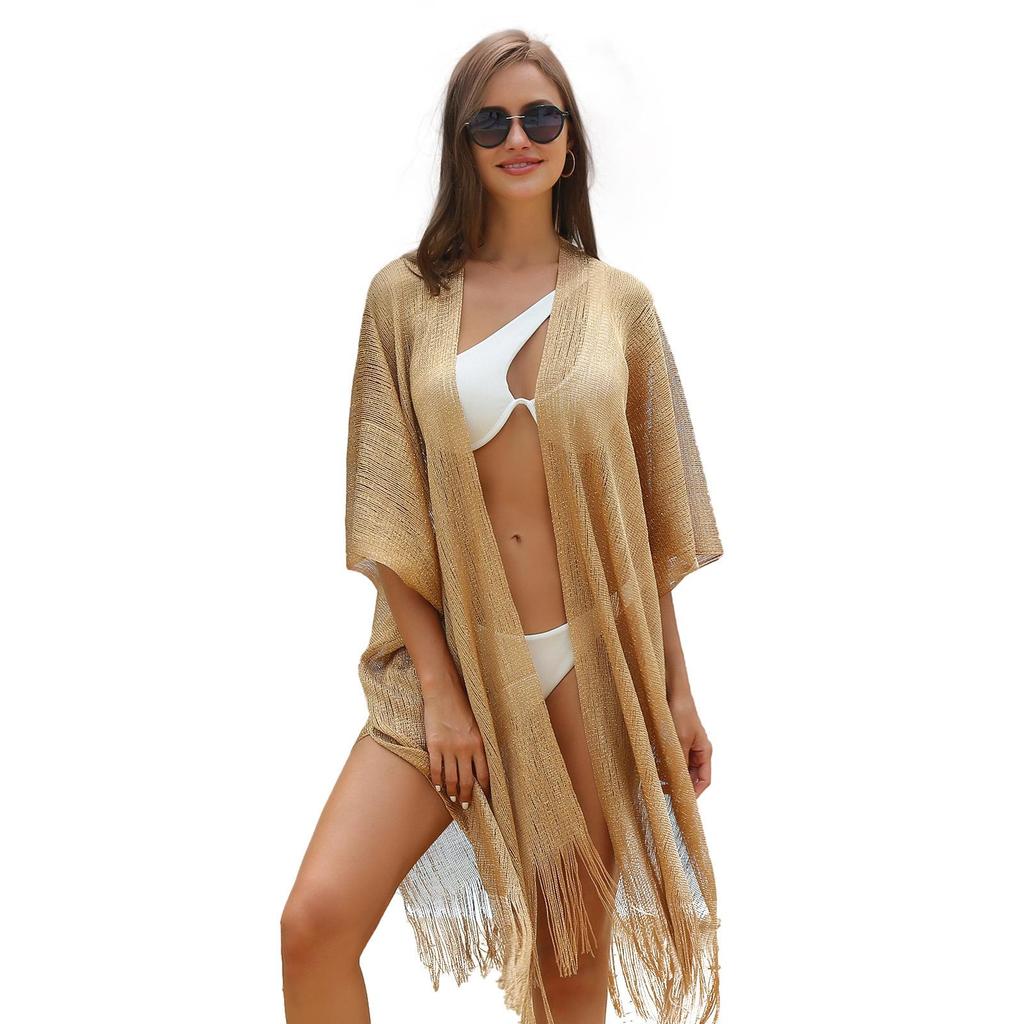 Women's Tassel Cardigan Beach Cover-Up Shawl: Sun Protection Bikini Cover, European & American Style, Hollow Out Design