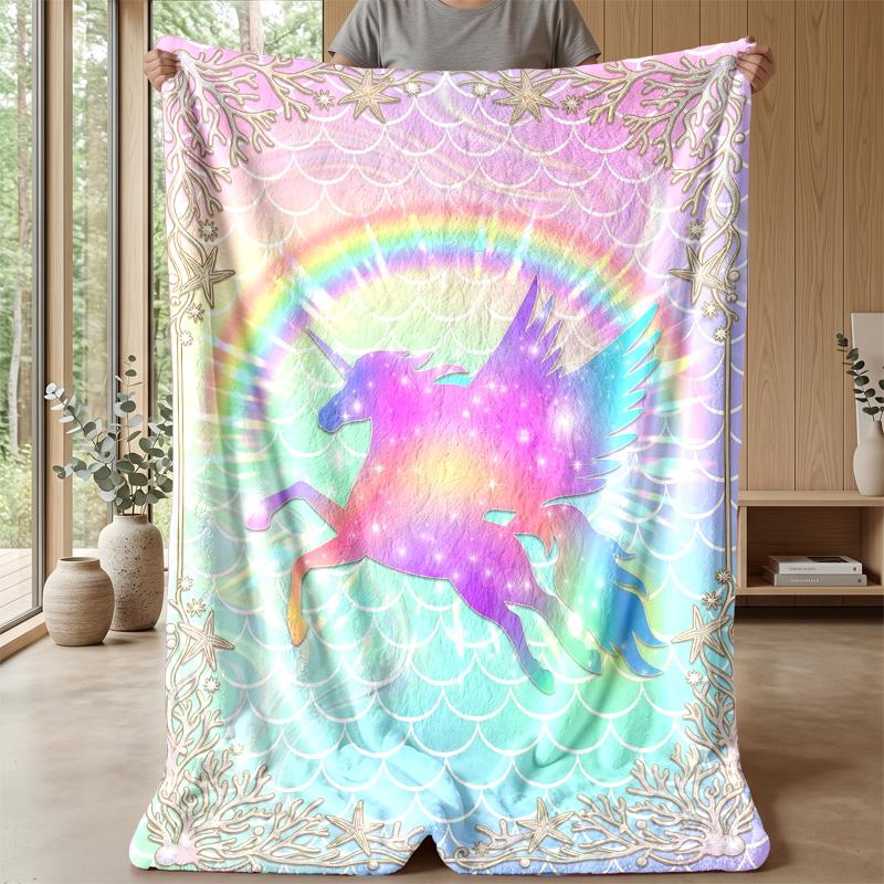 Rainbow Winged Unicorn Theme blanket Lightweight Warm Flannel Blanket Decorative Throw Blanket for Home Decoration