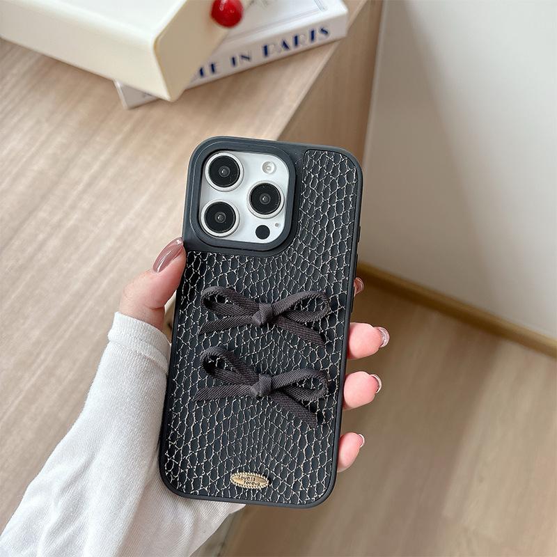 Solid Color Snakeskin Pattern Mobile Phone Case for IPhone17pro Three-dimensional Bow for Apple 16plus Simple and Light Luxury