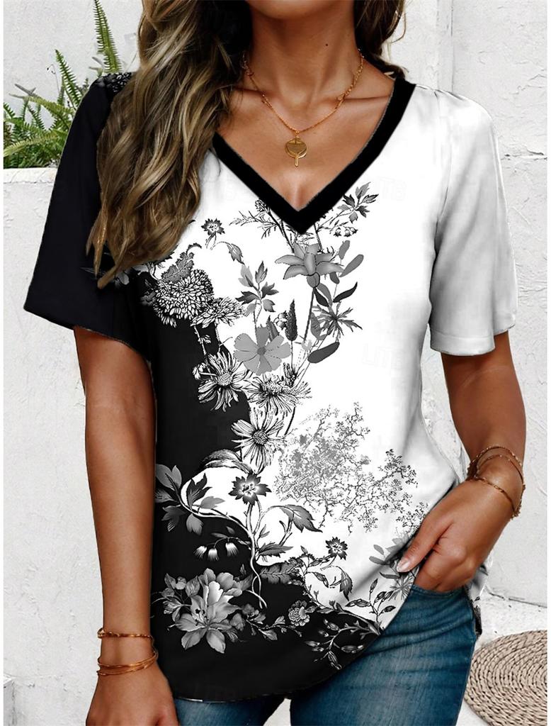 Summer V-neck 3D Floral Pattern Printed Top Fashionable Casual Short Sleeved Women's T-shirts