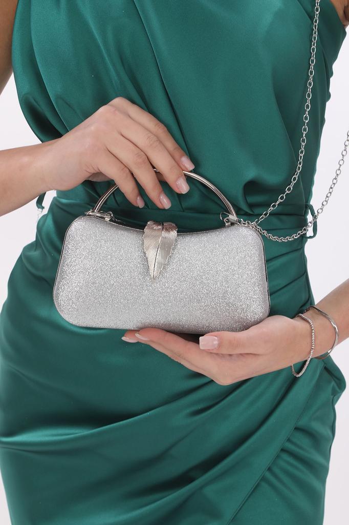 Women's Stylish and Useful Evening Dress Bag Gold Color Bream Material Leaf Accessory Hand and Strap Evening Dress Portfolio Clutch Evening Bag