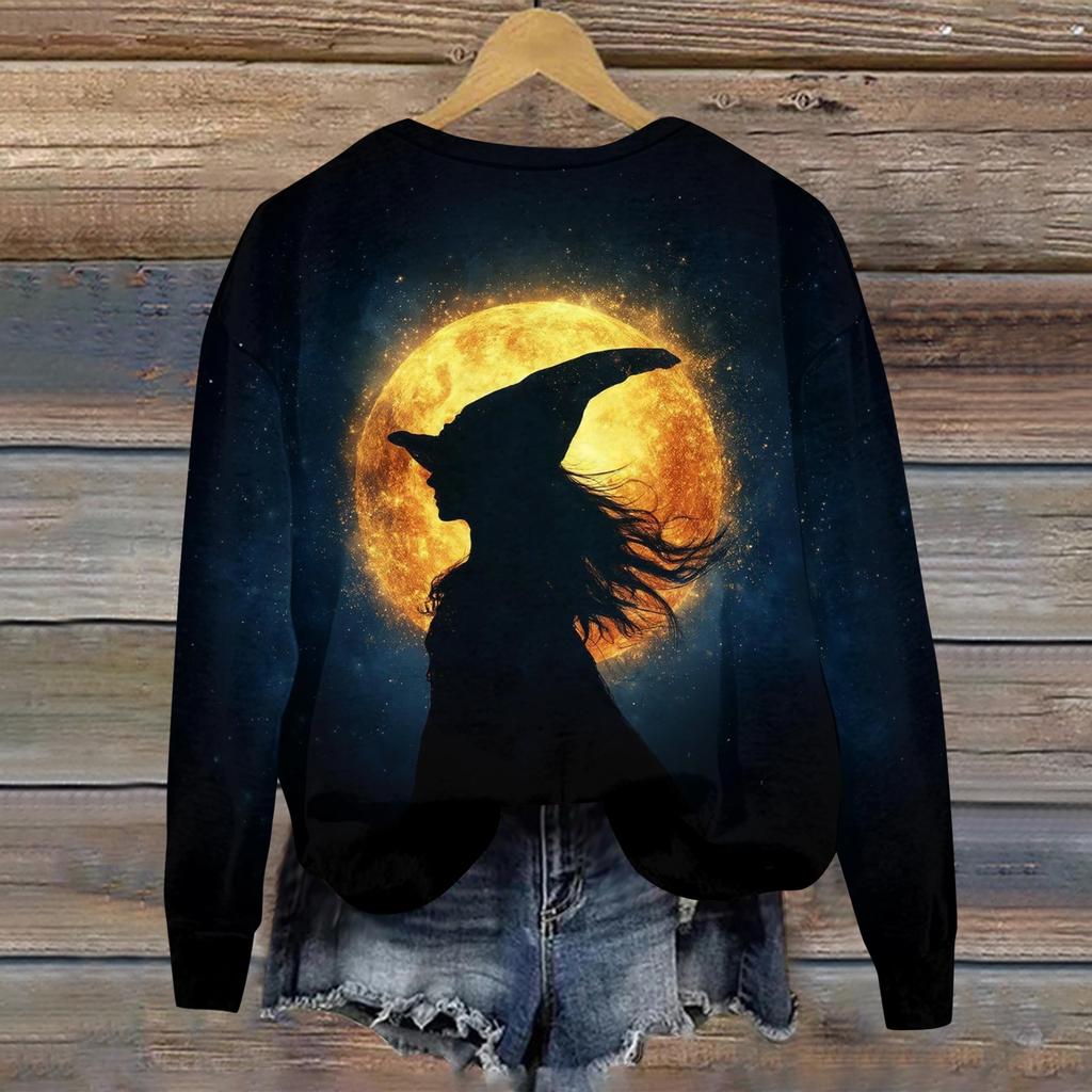 Women's Fashion Casual Long Sleeve Crewneck Sweatshirt with Halloween Print