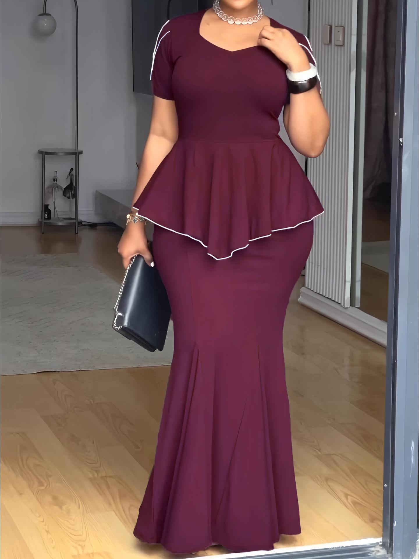 Elegant European Women s Slim Fit Fishtail Dress: Short-Sleeved, Waist-Cinching, Hip-Hugging Design Medium вино красного