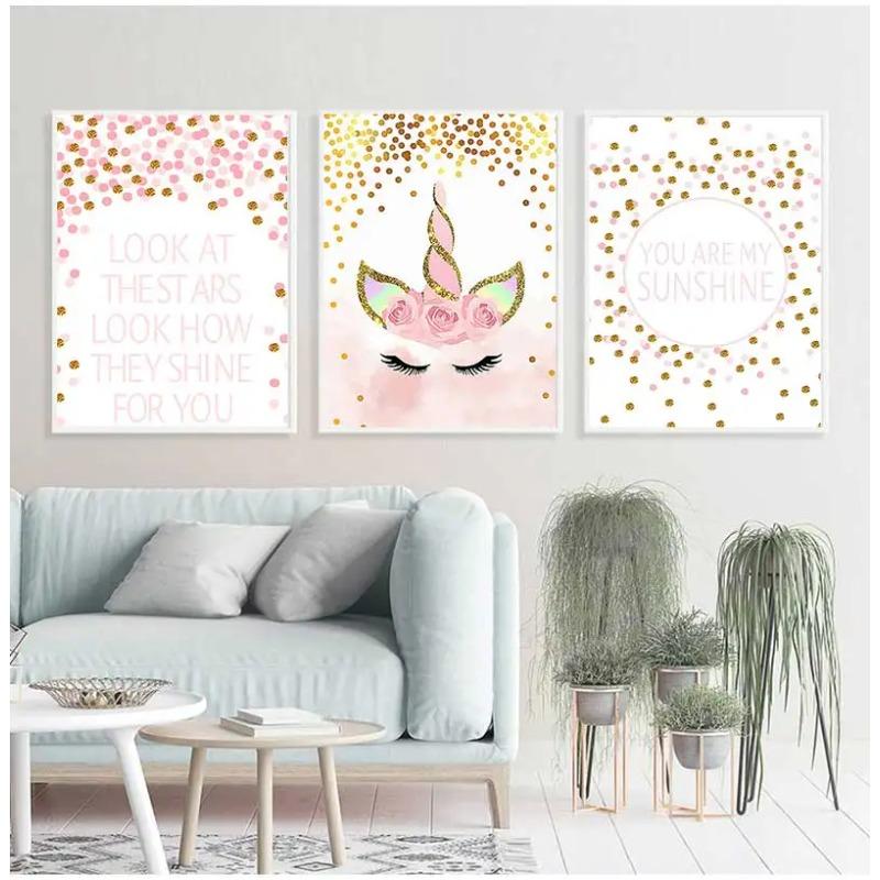 Decorative Picture Baby Girl Bedroom Decoration Pink Unicorn Nursery Quotes Art Wall Canvas Print Painting Nordic Style