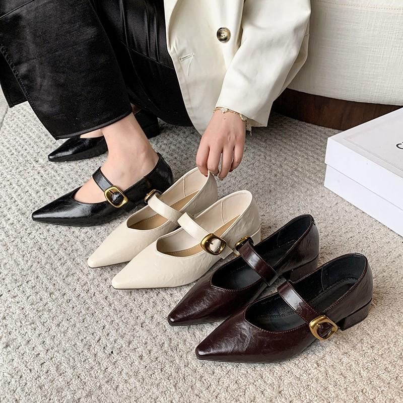 New Women's Pointed Toe Single Shoes with Medium Heel and Shallow Buckle Square Heel High Heels Boat Shoes Zapatos Mujer