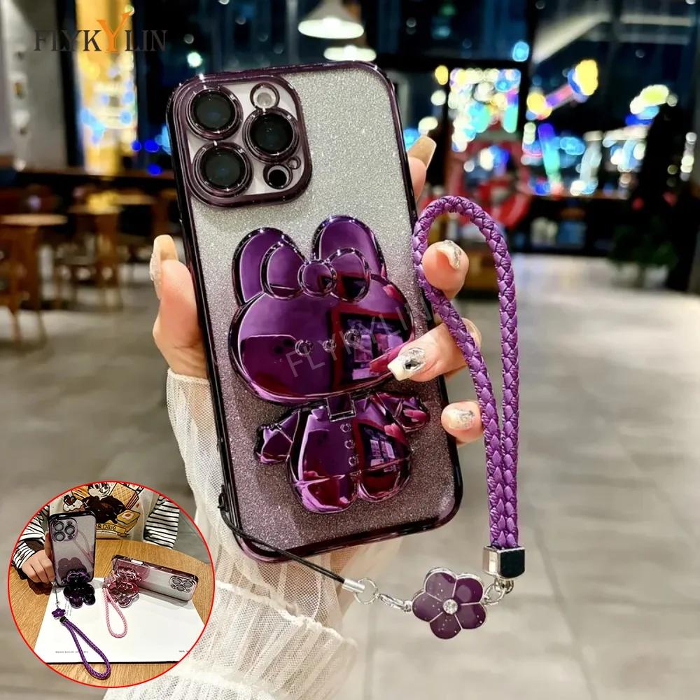 

Luxury Glitter Rabbit Mirror Phone Case For Xiaomi POCO C65 C75 X7 X6 X5 X3 NFC F4 F3 F6 M6 Pro Four Leaf Clover Hand Rope For POCO F3