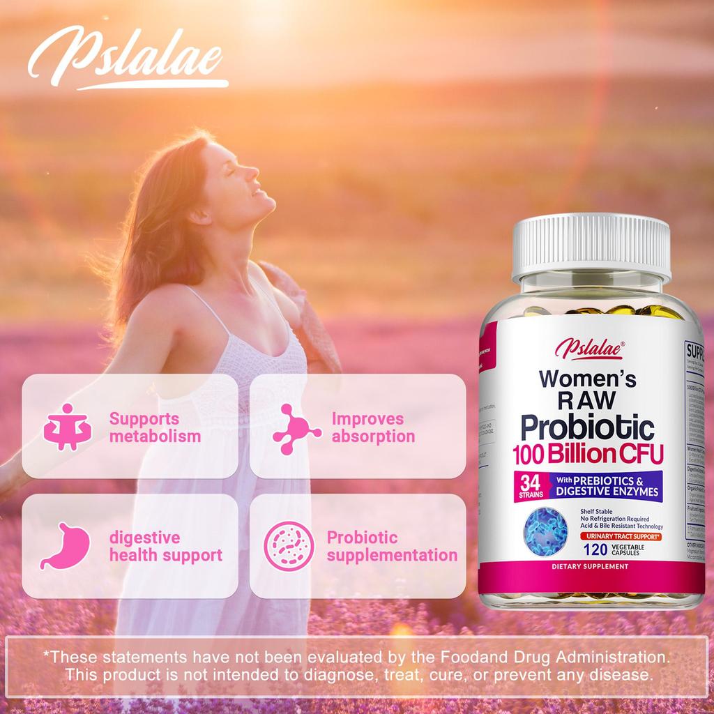 Pslalae Probiotic Enzyme Capsules, containing 34 strains, prebiotics, and digestive enzymes, support gut microbiota.