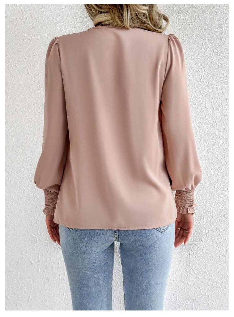 Women's Chiffon V-neck Lantern Sleeve Blouse - Solid Color Fashion Top